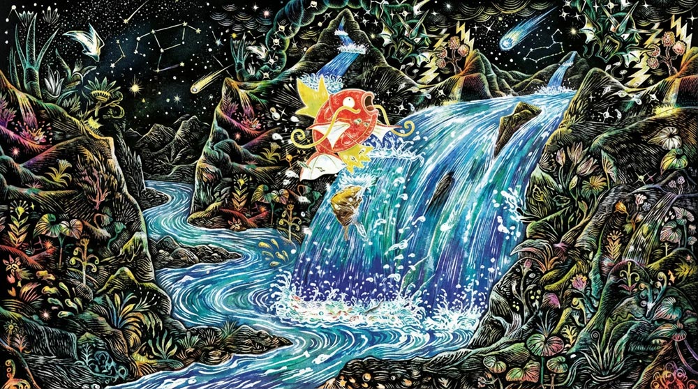 Visuel d’ambiance représentant Magicarpe devant une cascade, entourée de roches et de végétation