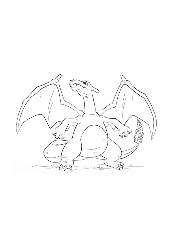 Coloriage dracaufeu ailes déployées en noir et blanc à imprimer