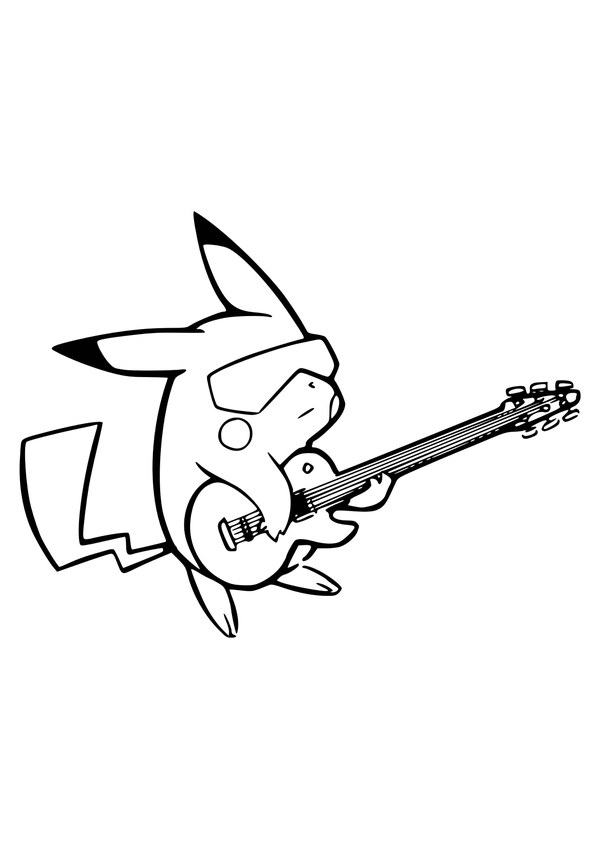 Coloriage pikachu joue de la guitare en noir et blanc à imprimer