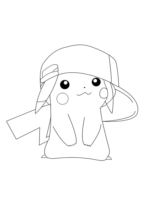 Coloriage pikachu avec une casquette en noir et blanc à imprimer