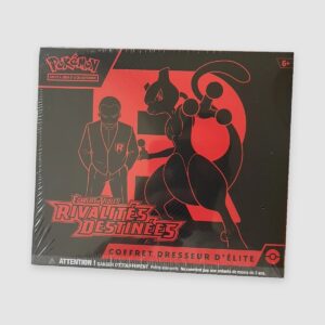 ETB Pokémon Rivalités Destinées EV10 neuf scellé français, face Giovanni et Mewtwo centrée sur fond gris