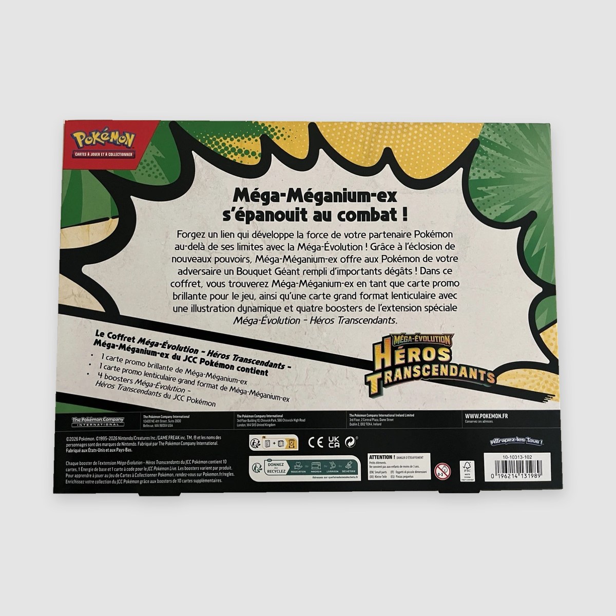 Dos du coffret Méga-Méganium-ex Héros Transcendants français, contenu du coffret