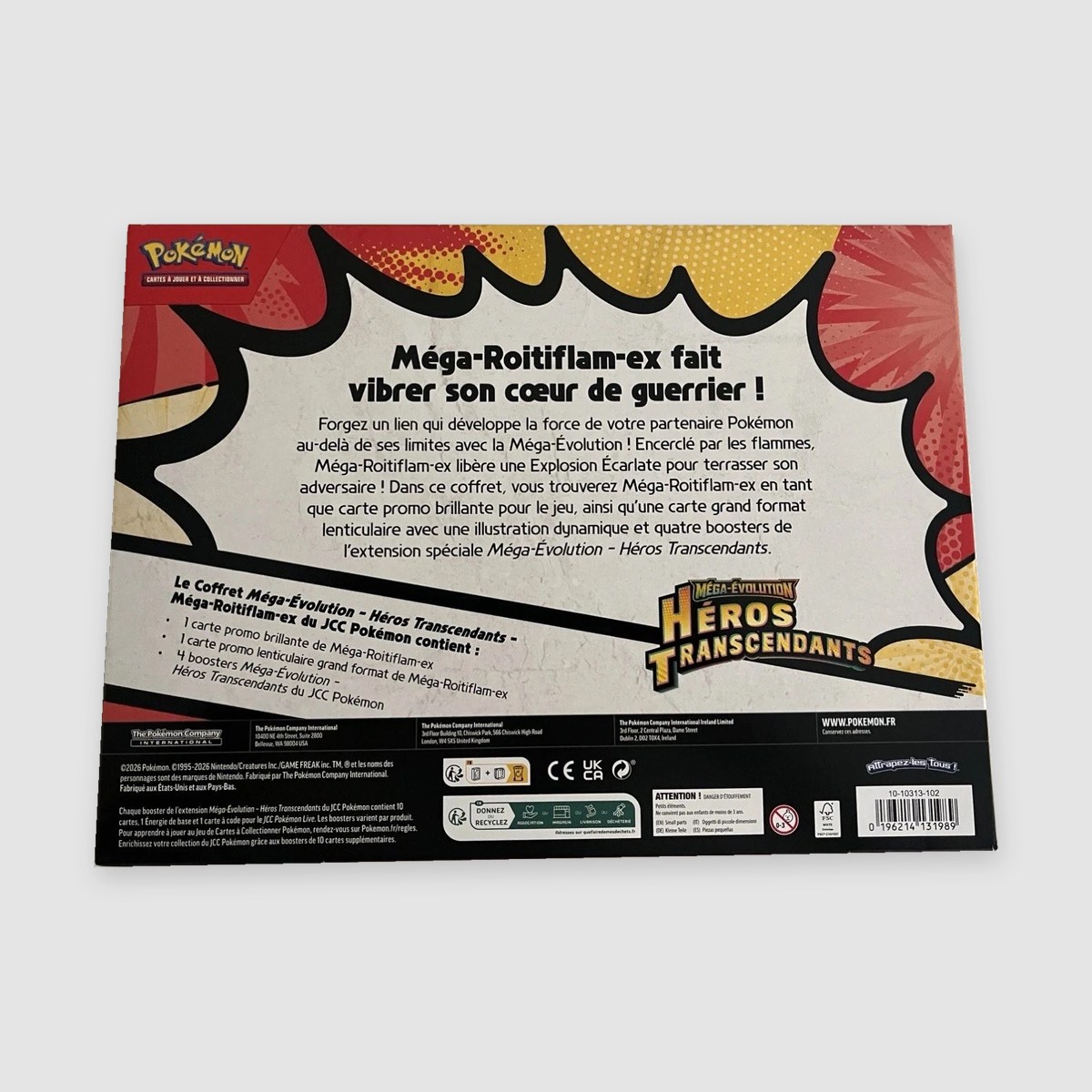 Dos du coffret Méga-Roitiflam-ex Héros Transcendants français, contenu du coffret