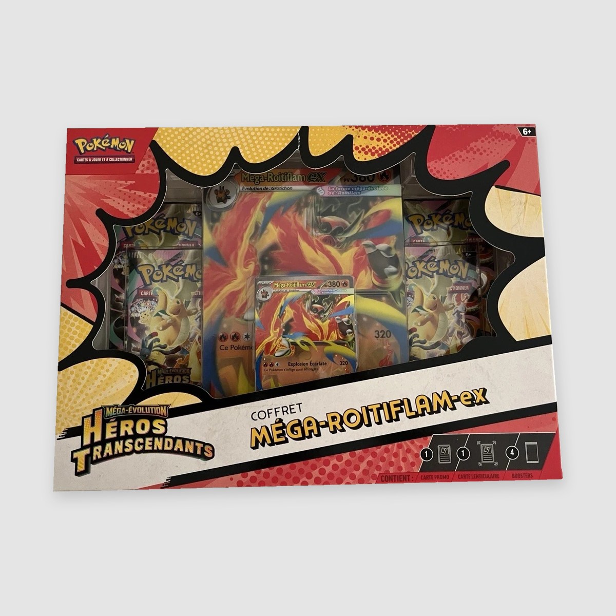 Coffret Pokémon Méga-Roitiflam-ex Héros Transcendants français neuf scellé, vue de face