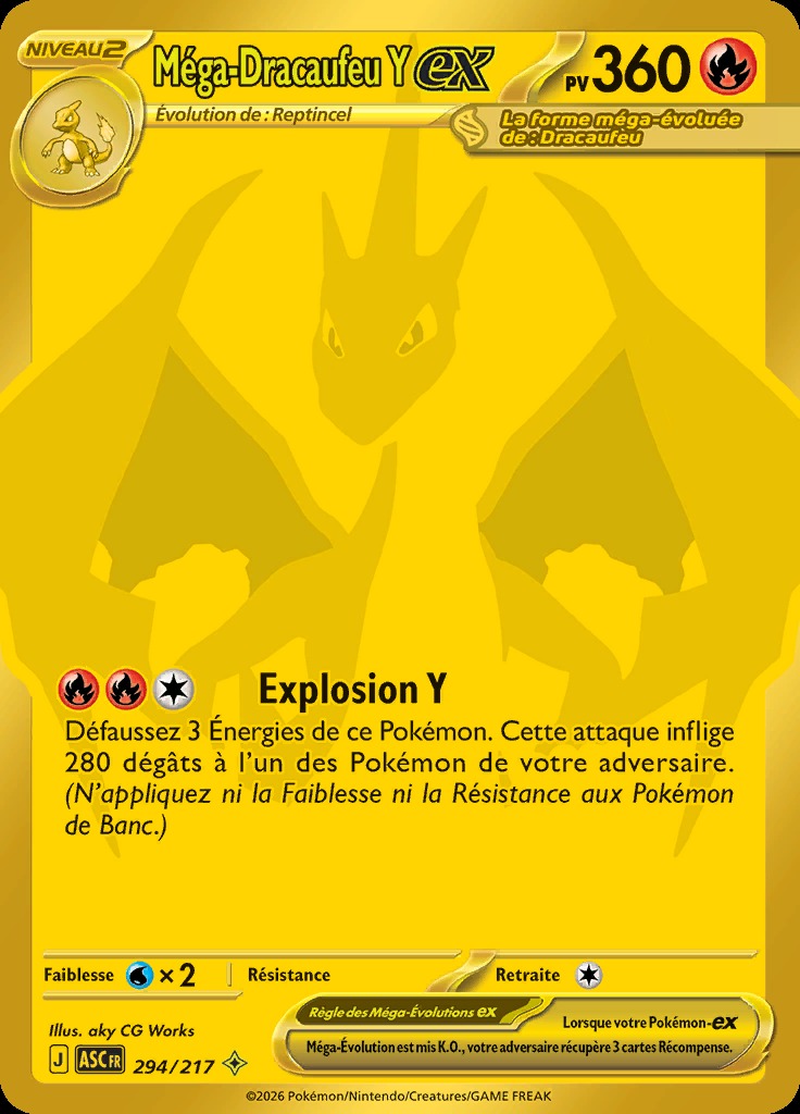 Méga-Dracaufeu Y-ex 294/217 doré, Méga Hyper Rare de Héros Transcendants