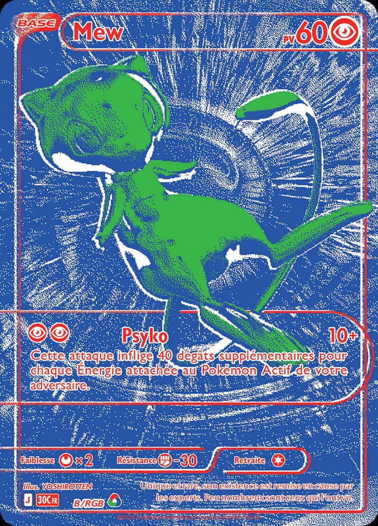 Mew B/RGB bleu avec silhouette verte, illustration de YOSHIROTTEN