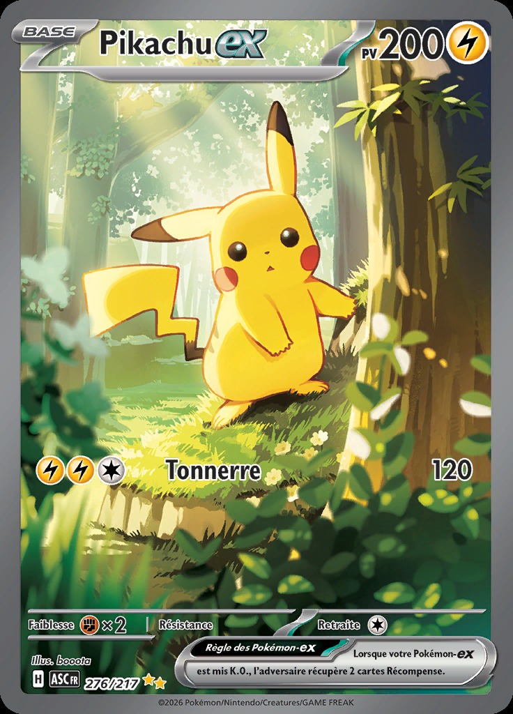 Pikachu-ex 276/217 dans une forêt lumineuse, carte française Héros Transcendants