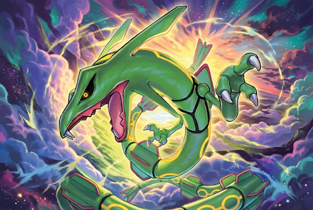 Rayquaza : portrait du Pokémon et 24 cartes JCC en images