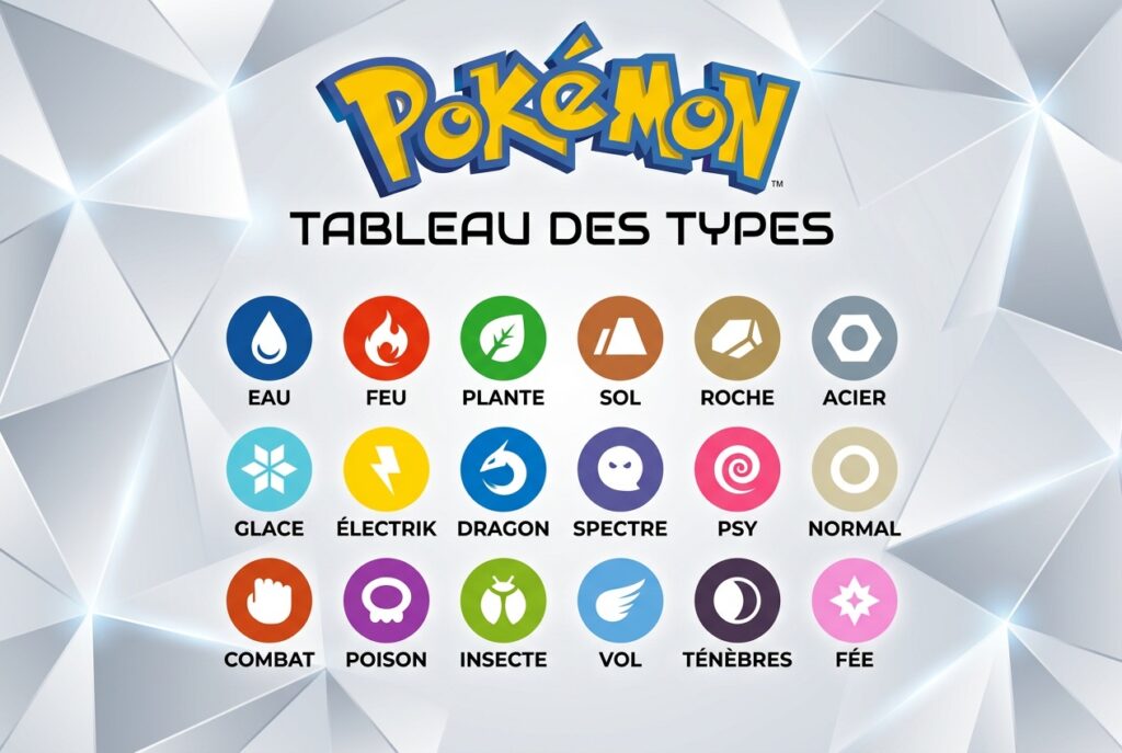 Tableau des types Pokémon : faiblesses, résistances et immunités, disponible en JPG et PDF.