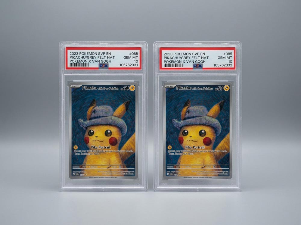 Deux cartes anglaises Pikachu with Grey Felt Hat 085, présentées côte à côte dans des boîtiers PSA notés 10 sur fond gris.