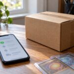 Colis en carton, téléphone et cartes de collection sur une table, illustration générée par IA
