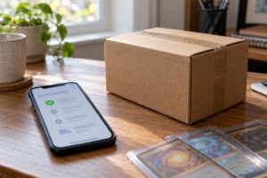 Colis en carton, téléphone et cartes de collection sur une table, illustration générée par IA