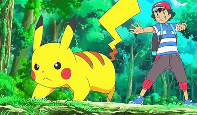 Pikachu et Sacha prêts au combat — GIF animé Pokémon