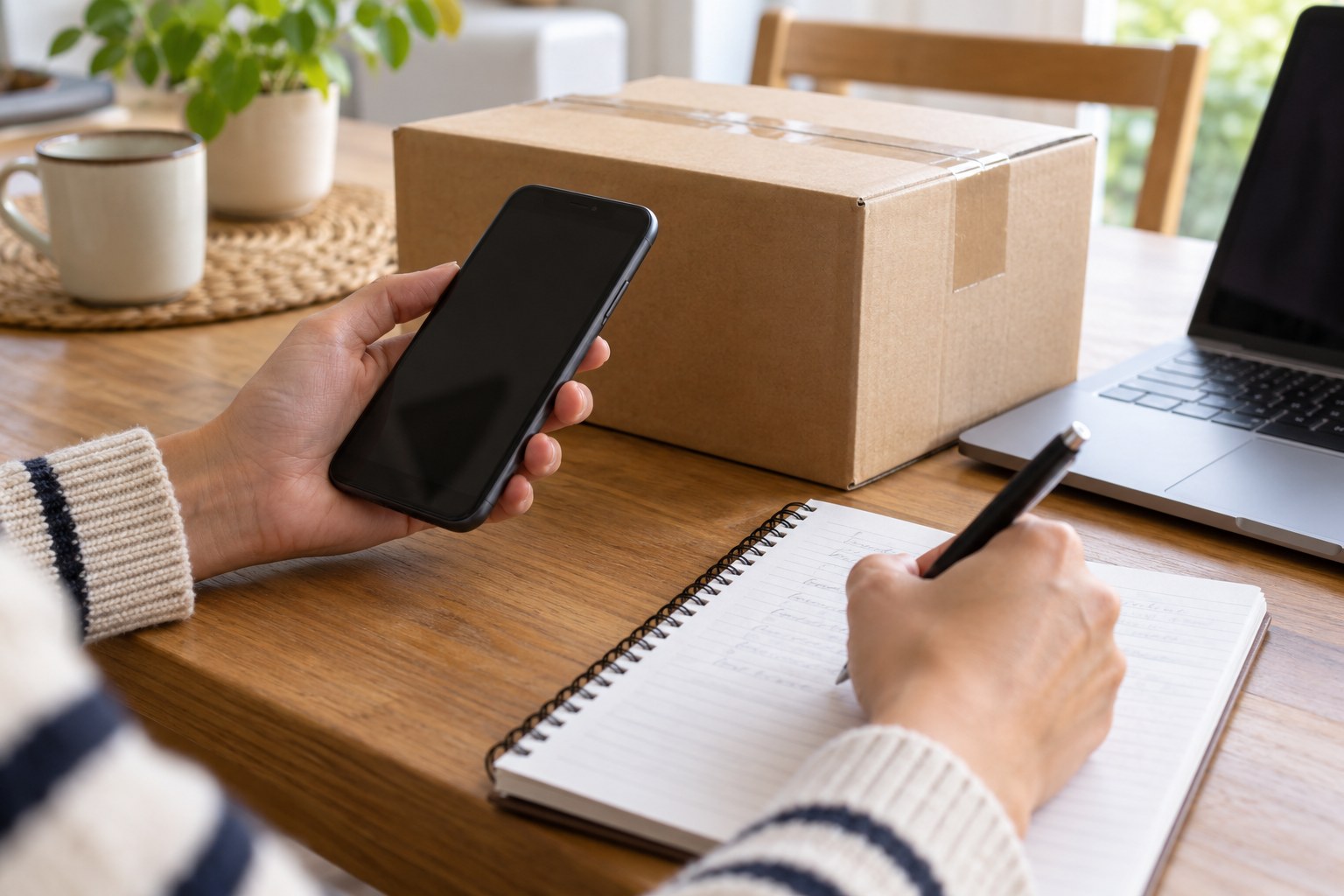 Téléphone, carnet et ordinateur pour préparer une réclamation, illustration générée par IA