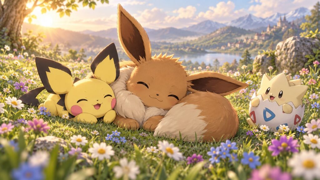 Évoli, Pichu et Togepi se reposent dans une prairie fleurie, illustration sans texte