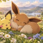 Évoli, Pichu et Togepi se reposent dans une prairie fleurie, illustration sans texte